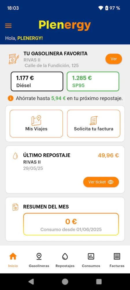 Captura de la aplicación Plenergy