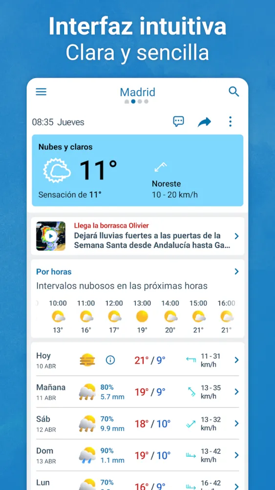 Captura de la aplicación Meteored